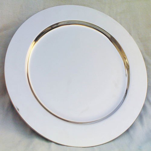 VM Handicraft Silver Mirror Polished Stainless Steel Charger Plate, Size : 12 Inch, Pattern : Round