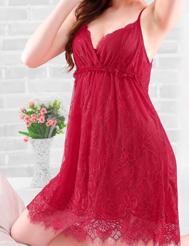 Sleeveless Plain Net Ladies Red Nighty